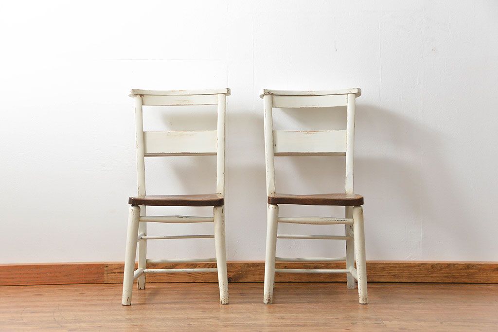 アンティーク家具　アンティークペイント　イギリスチャーチチェア2脚セット(イス、椅子)