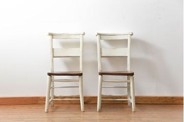 アンティーク家具　アンティークペイント　イギリスチャーチチェア2脚セット(イス、椅子)