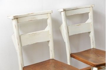 アンティーク家具　アンティークペイント　イギリスチャーチチェア2脚セット(イス、椅子)