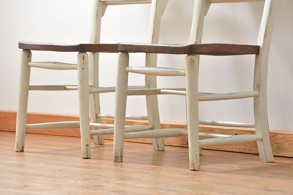 アンティーク家具　アンティークペイント　イギリスチャーチチェア2脚セット(イス、椅子)