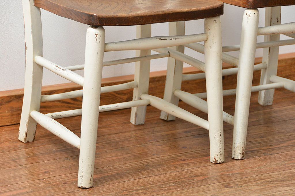 アンティーク家具　アンティークペイント　イギリスチャーチチェア2脚セット(イス、椅子)