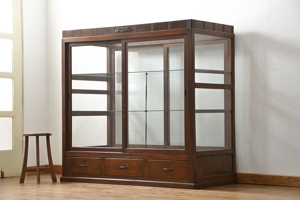 アンティーク家具 アンティーク 特大!古いタモ材 両面開きの上質なガラスケース(ショーケース、飾り棚、陳列棚)