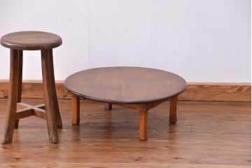 レトロ家具　昭和レトロ 古い栓材の美しい丸型ちゃぶ台(テーブル、机)