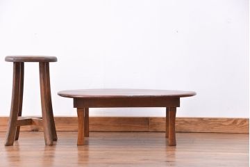 レトロ家具　昭和レトロ 古い栓材の杢目の美しい丸型ちゃぶ台(テーブル、デスク、在宅ワーク、在宅用)