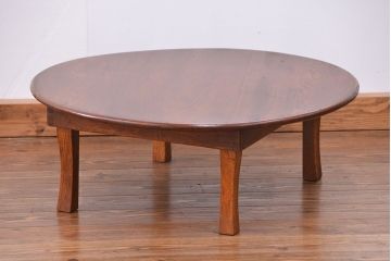 レトロ家具　昭和レトロ 古い栓材の杢目の美しい丸型ちゃぶ台(テーブル、デスク、在宅ワーク、在宅用)