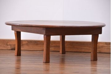 レトロ家具　昭和レトロ 古い栓材の杢目の美しい丸型ちゃぶ台(テーブル、デスク、在宅ワーク、在宅用)