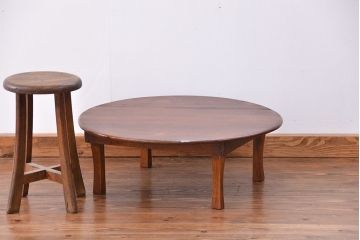 レトロ家具　昭和レトロ 古い栓材の杢目の美しい丸型ちゃぶ台(テーブル、デスク、在宅ワーク、在宅用)