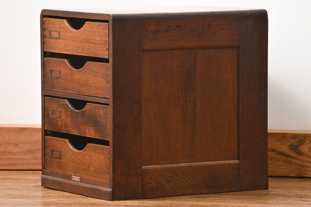 アンティーク家具　アンティーク 古いナラ材の両面使いの四段小引き出し