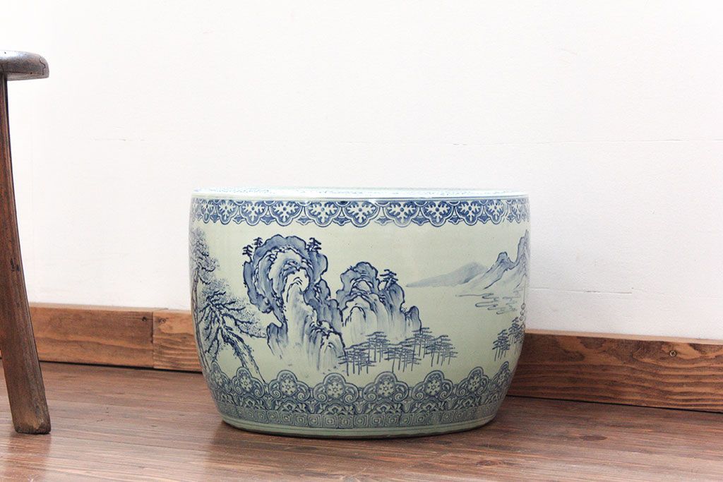 アンティーク雑貨　大正〜昭和初期!　山水図柄　瀬戸火鉢