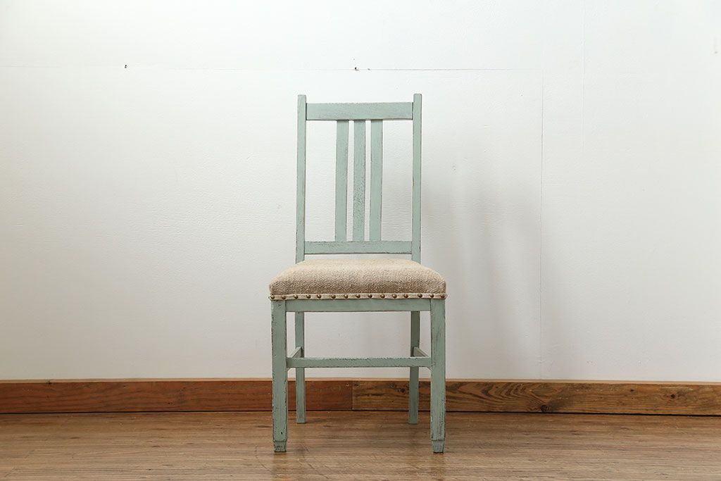 アンティーク家具　アンティークリネン座面のかわいいペイントチェア(イス、椅子)