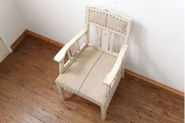 アンティーク家具　アンティークリネン座面のかわいいペイントアームチェア(椅子)