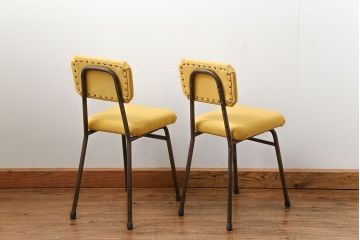 レトロ家具　昭和レトロ ファブリック座面の鉄脚チェア2脚セット(1)(イス、椅子)