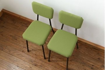 レトロ家具　昭和レトロ ファブリック座面の鉄脚チェア2脚セット(2)(イス、椅子)