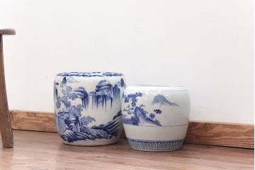 アンティーク雑貨　古民具・骨董 大正〜昭和初期!山水図・瀬戸火鉢 2点セット