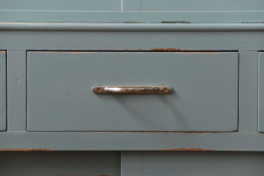 レトロ家具　昭和レトロ アンティークペイント　モールガラス食器棚(収納棚、カップボード)