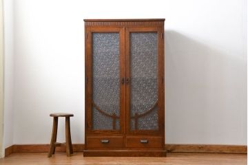 アンティーク家具　大正ロマン 古いナラ材の美しいダイヤガラス本箱(ブックケース、収納棚)