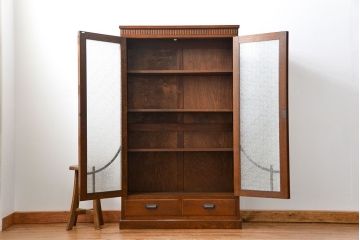 アンティーク家具　大正ロマン 古いナラ材の美しいダイヤガラス本箱(ブックケース、収納棚)