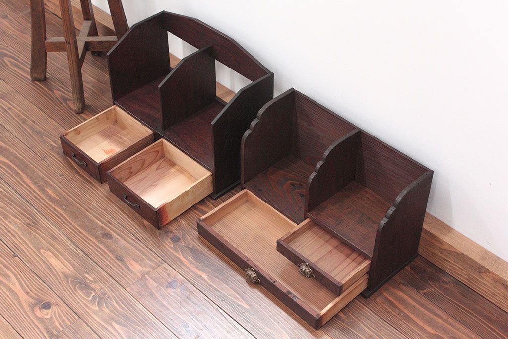 アンティーク家具　アンティーク 古い木の引き出し付き本立て　2個セット