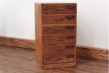 レトロ家具　昭和レトロ 古いナラ材とブナ材のアンティーク六段小引き出し(ドロワー)