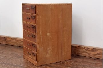 レトロ家具　昭和レトロ 古いナラ材とブナ材のアンティーク六段小引き出し(ドロワー)