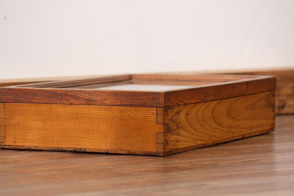 アンティーク家具　アンティーク 古い木のコレクションボックス(ガラスケース、ショーケース)