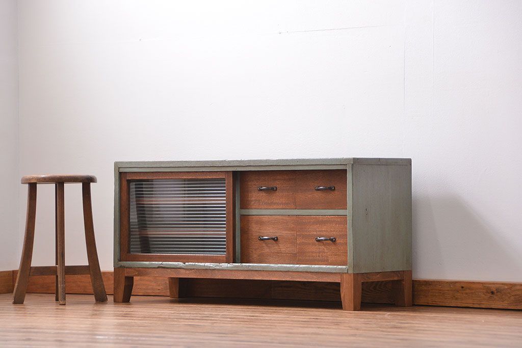 ラフジュ工房オリジナル　アンティークペイント引き出し付きローボード(テレビボード、TVボード)