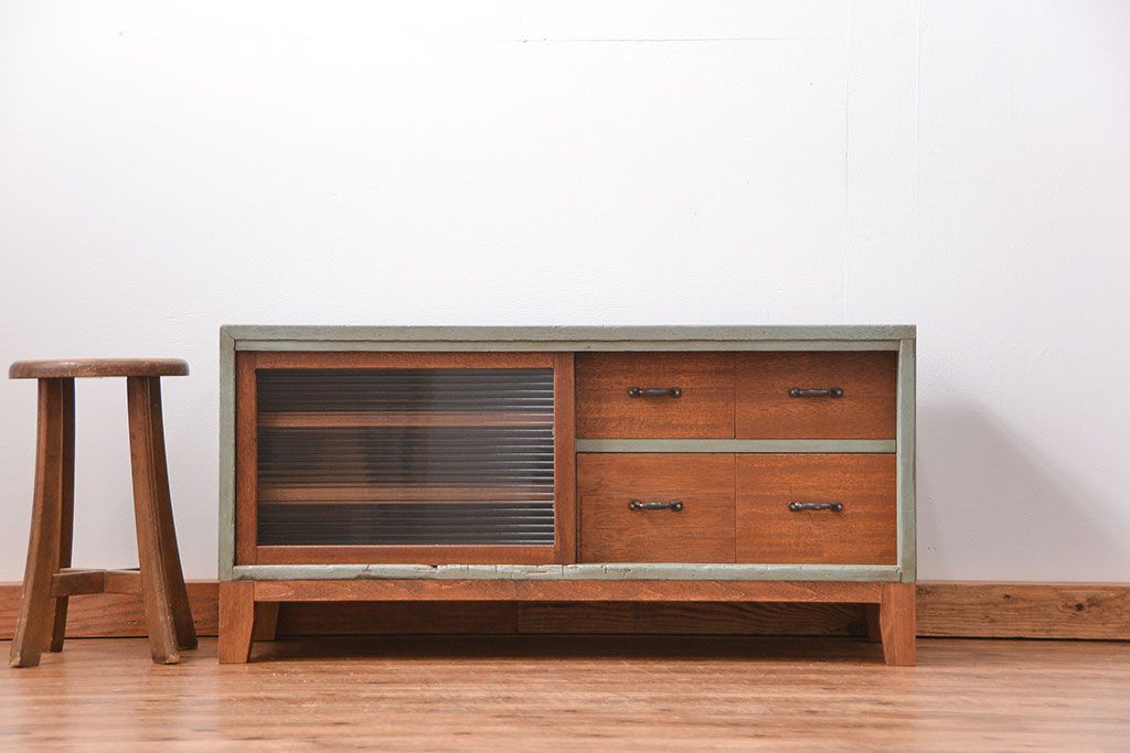 ラフジュ工房オリジナル　アンティークペイント引き出し付きローボード(テレビボード、TVボード)