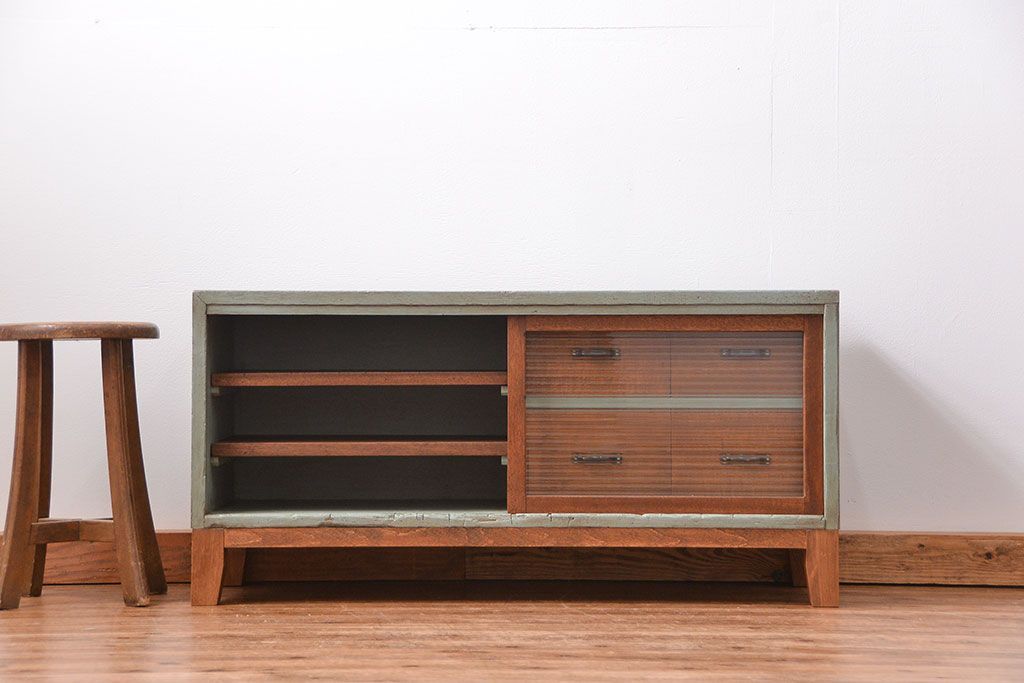 ラフジュ工房オリジナル　アンティークペイント引き出し付きローボード(テレビボード、TVボード)