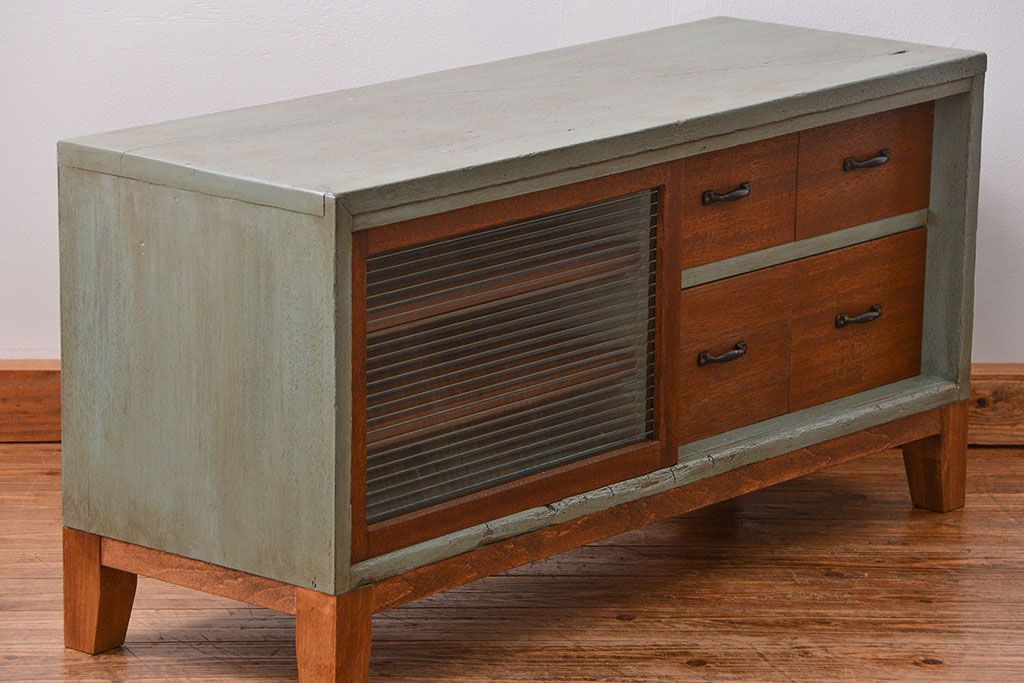 ラフジュ工房オリジナル　アンティークペイント引き出し付きローボード(テレビボード、TVボード)