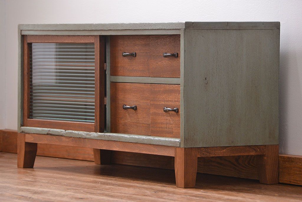 ラフジュ工房オリジナル　アンティークペイント引き出し付きローボード(テレビボード、TVボード)