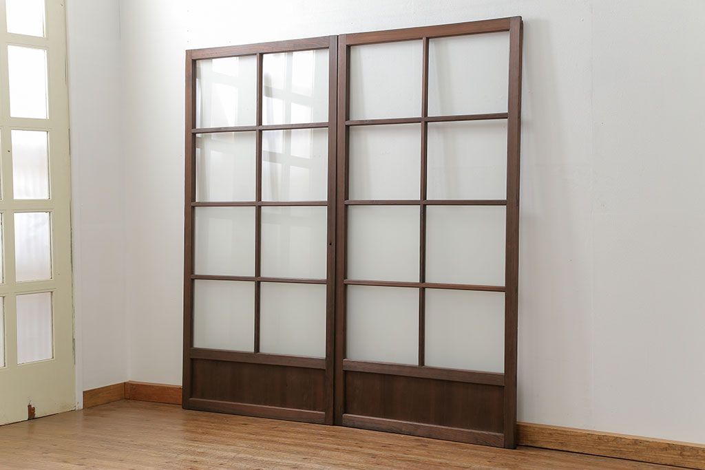 昭和レトロ クリアガラスとすりガラスのシンプルなガラス戸　2枚セット(引き戸、建具)