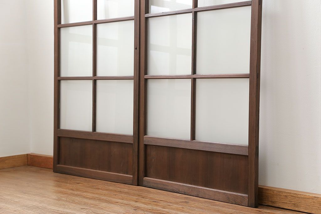 昭和レトロ クリアガラスとすりガラスのシンプルなガラス戸　2枚セット(引き戸、建具)