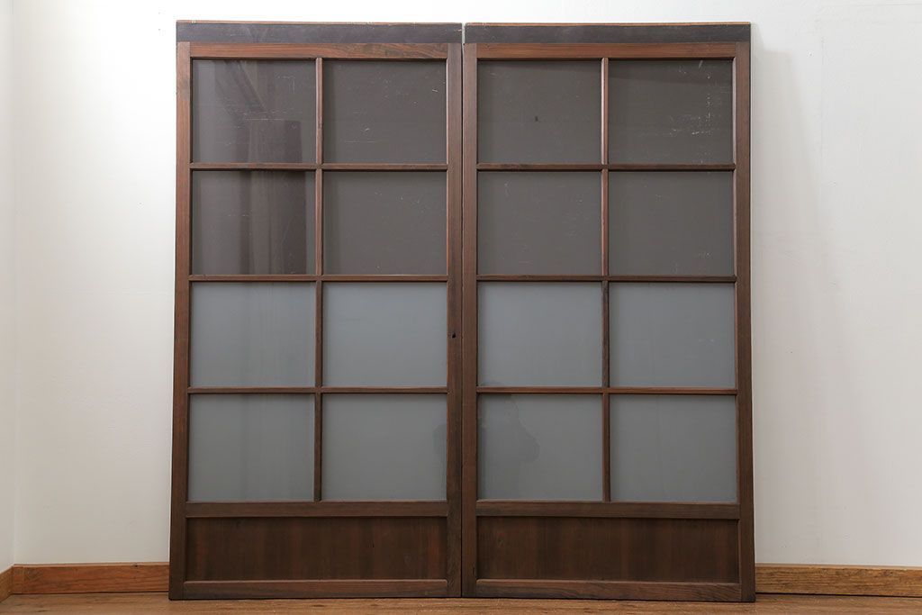 昭和レトロ クリアガラスとすりガラスのシンプルなガラス戸　2枚セット(引き戸、建具)