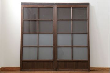 昭和レトロ クリアガラスとすりガラスのシンプルなガラス戸　2枚セット(引き戸、建具)