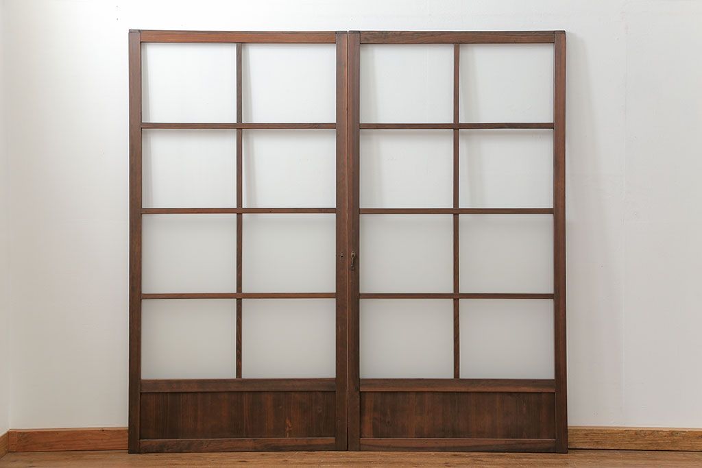 昭和レトロ クリアガラスとすりガラスのシンプルなガラス戸　2枚セット(引き戸、建具)