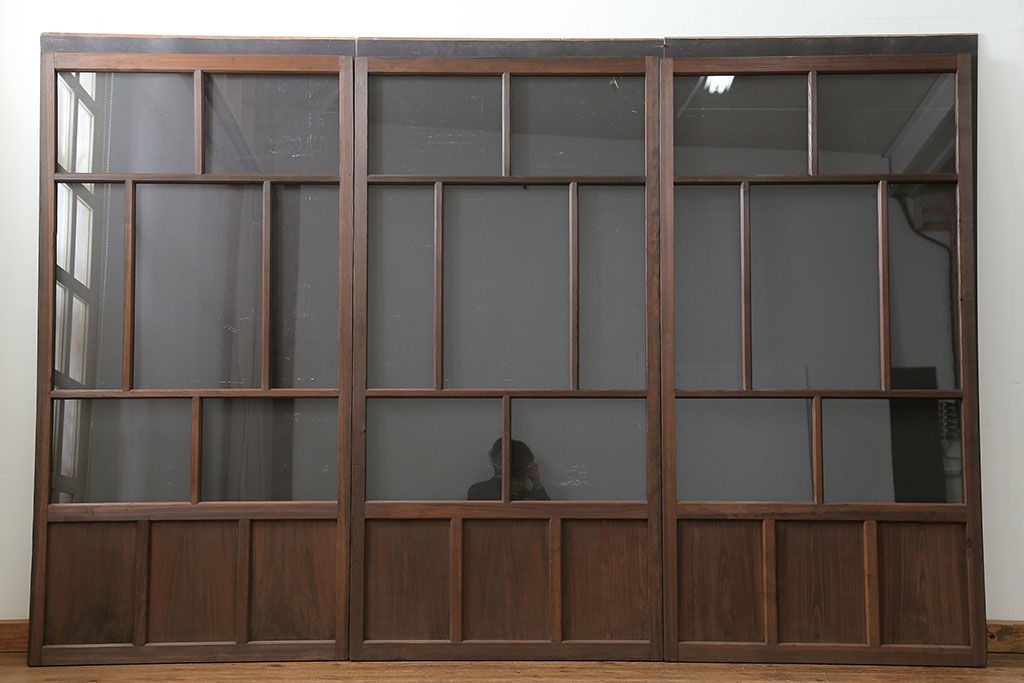 古民具・骨董 アンティークガラス戸3枚セット　(引き戸、和風建具)