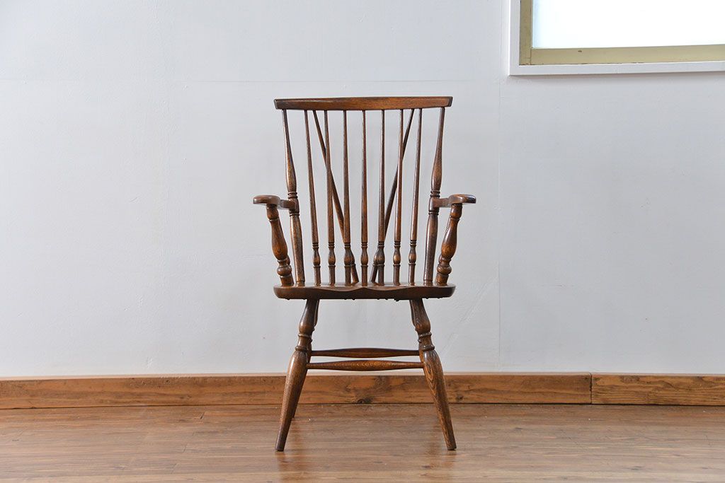 中古　古いナラ材のアームチェア(補修有り)　(椅子、イス)