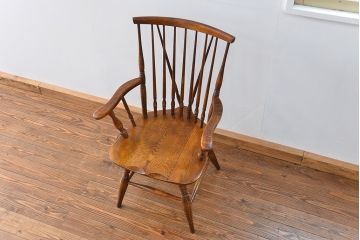 中古　古いナラ材のアームチェア(補修有り)　(椅子、イス)