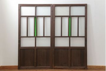 古民具・骨董　大正ロマン　 太い框組みの色ガラス入り引き戸　2枚セット(ガラス戸、建具)