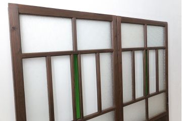 古民具・骨董　大正ロマン　 太い框組みの色ガラス入り引き戸　2枚セット(ガラス戸、建具)