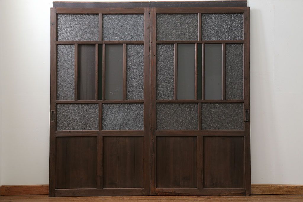 古民具・骨董　大正ロマン　 太い框組みの色ガラス入り引き戸　2枚セット(ガラス戸、建具)