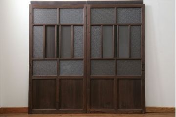 古民具・骨董　大正ロマン　 太い框組みの色ガラス入り引き戸　2枚セット(ガラス戸、建具)