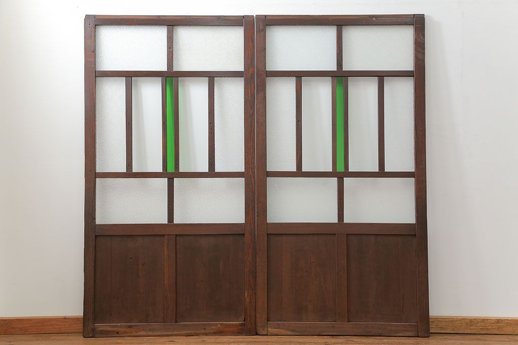 古民具・骨董　大正ロマン　 太い框組みの色ガラス入り引き戸　2枚セット(ガラス戸、建具)