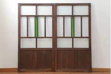 古民具・骨董　大正ロマン　 太い框組みの色ガラス入り引き戸　2枚セット(ガラス戸、建具)