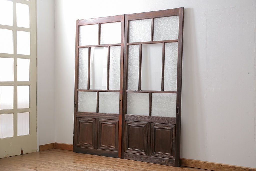 大正ロマン 古い商店の背の高いダイヤガラス引き戸　2枚セット(ガラス戸、建具)