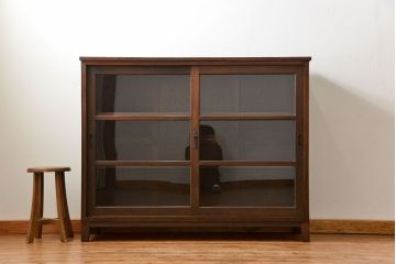 アンティーク家具　アンティーク 古いナラ材の脚付き収納棚　(サイドキャビネット、飾り棚、本棚)