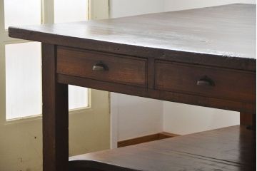 アンティーク家具　アンティーク 特大!古い学校の両面引き出し作業台(テーブル、デスク、机、在宅ワーク、在宅用陳列台)