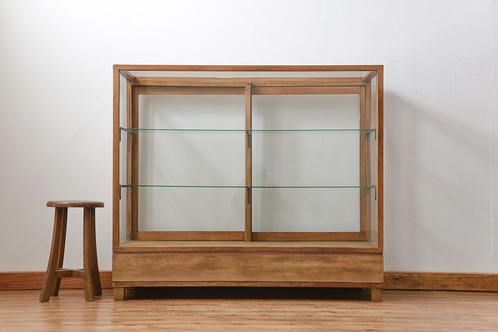 レトロ家具　昭和レトロ 古いナラ材のアンティークガラスケース(ショーケース、陳列棚)