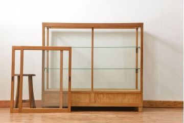レトロ家具　昭和レトロ 古いナラ材のアンティークガラスケース(ショーケース、陳列棚)