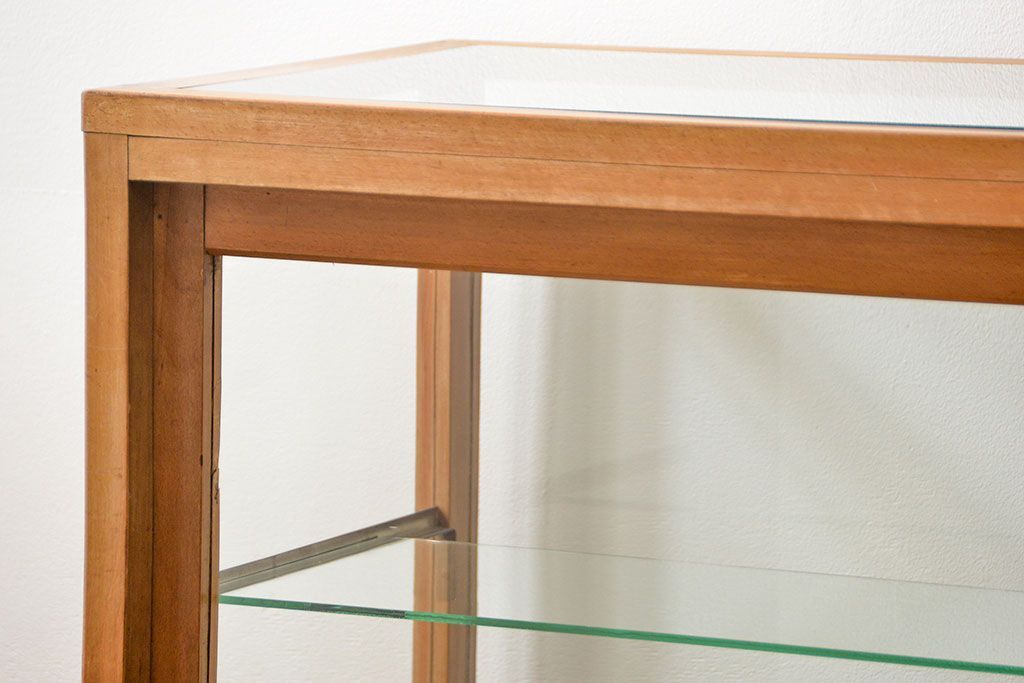 レトロ家具　昭和レトロ 古いナラ材のアンティークガラスケース(ショーケース、陳列棚)